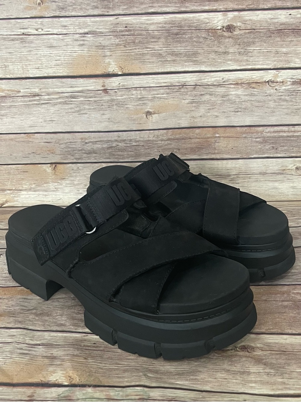Ugg Size 11 Ashton Platform Black Nubuck Sandal Slides